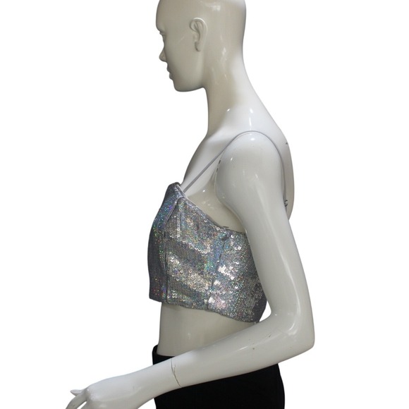 GB Silver Sequin Crop Top Bandeau Style Spaghetti Straps Size M NWT - Picture 3 of 8